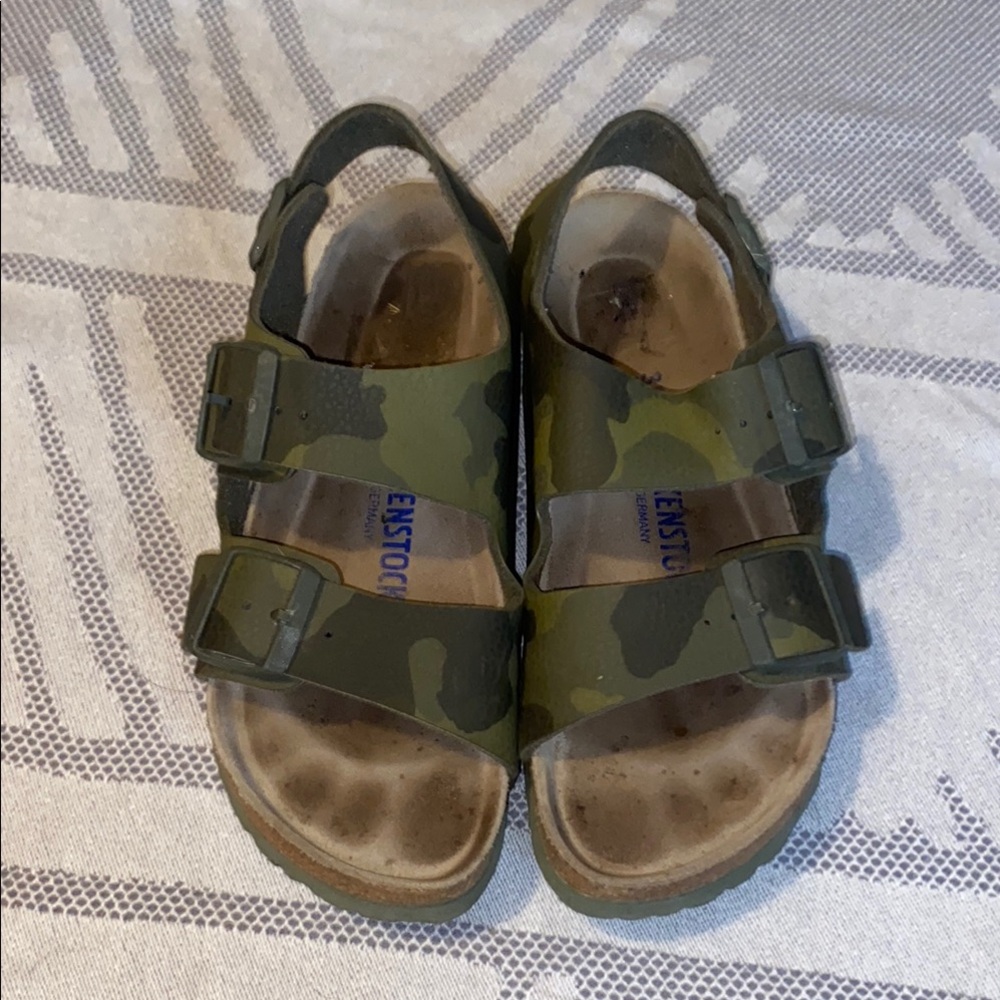 Birkenstock Green camouflaged Sandals with Textured Straps and Cork Footbed